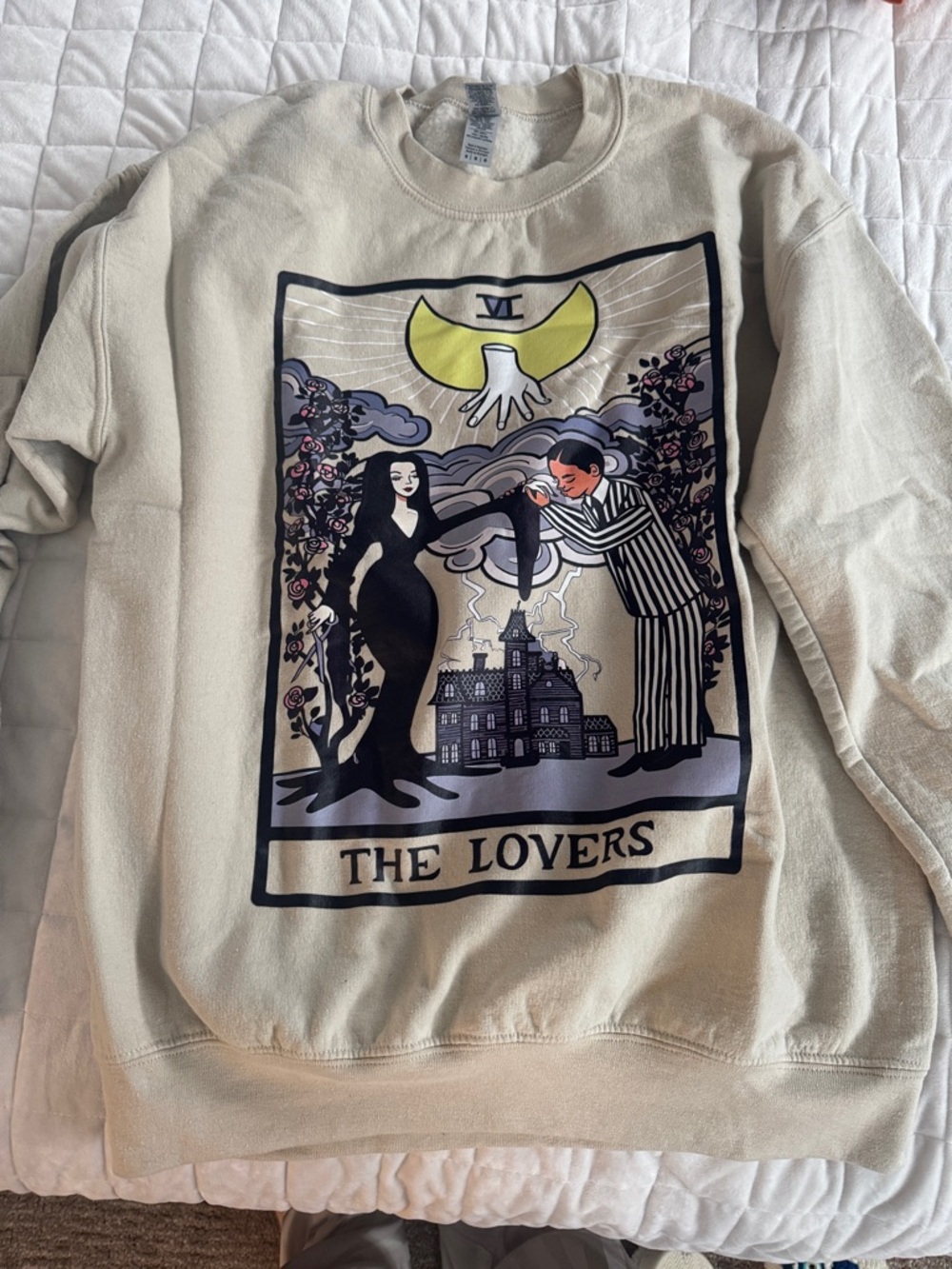 Gildan Cream Sweatshirt with Black, Yellow and Purple Graphic - "The Lovers"